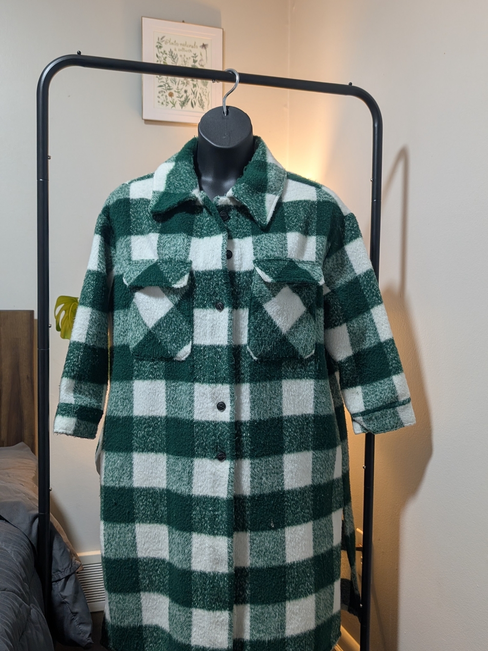 Zara Green & White Plaid Sherpa Coat